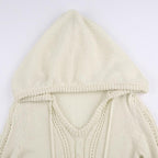 Crochet solid long sleeve hoodie v neck hairball mini dress - Final Sale