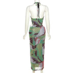 Halter self tie contrast print sheer mesh backless hollow out maxi dress