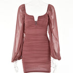 Mesh solid long sleeve ruched notch neck zip-up mini dress