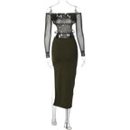 Long sleeve off shoulder hight slit mesh backless irregular midi dress