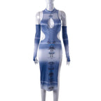 Contrast abstract print hollow out slit gloves midi dress