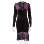 Velvet button ruffle long sleeve v neck solid midi dress