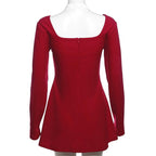 Bowknot long sleeve square neck zip-up contrast 2-way mini dress