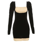 Smocked patchwork ruched contrast long sleeve velvet mini dress