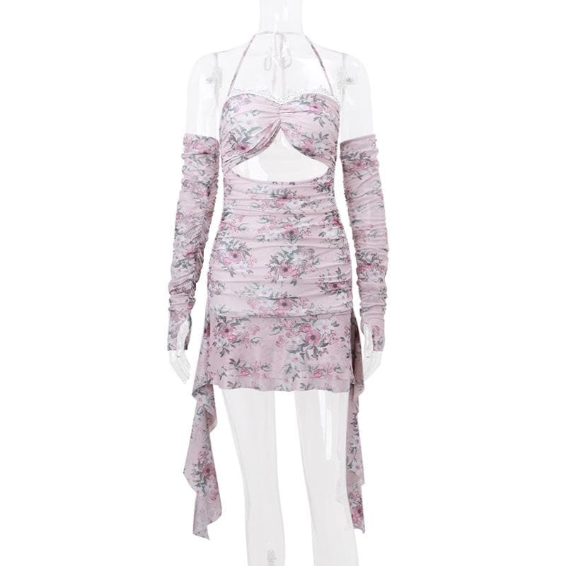 Halter hollow out lace hem flower print gloves mini dress