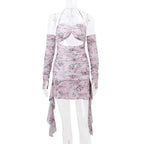 Halter hollow out lace hem flower print gloves mini dress