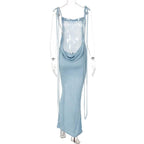 Cowl neck backless self tie solid ruched maxi dress