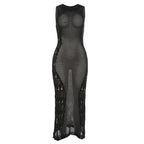 Crochet solid sleeveless see through round neck maxi dress