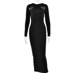 Long sleeve beaded zip-up hollow out patchwork maxi dress