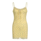 Ruched mesh ruffle self tie flower print cami mini dress