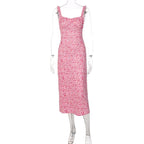 Flowers contrast print ruffle ruched square neck backless cami midi dress