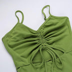 Solid hollow out drawstring v neck backless cami midi dress