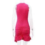 Flower applique solid sleeveless ribbed ruffle irregular mini dress