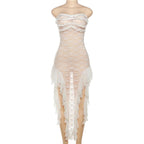 Lace see through ruffle backless slit tube midi dress