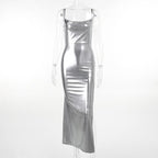 Cowl neck slit backless metallic cami midi dress