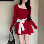 Bowknot long sleeve square neck zip-up contrast 2-way mini dress
