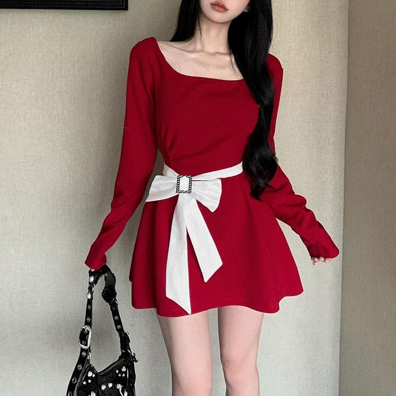 Bowknot long sleeve square neck zip-up contrast 2-way mini dress