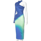 Contrast irregular one shoulder hollow out high neck midi dress