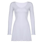 Long sleeve solid ruffle v neck ribbed mini dress