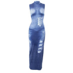 Denim print sleeveless contrast high neck maxi dress