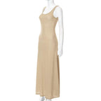 Textured solid sleeveless ruffle u neck maxi dress