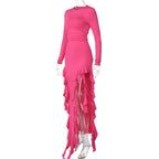 Long sleeve crewneck ruffle slit solid ruched maxi dress