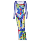 Long sleeve contrast abstract mesh midi dress