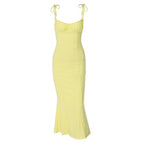 Ruched solid u neck hollow out self tie midi dress