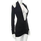 Deep v neck long sleeve open back solid ruched mini dress