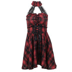Zip-up lace hem halter lace up plaid backless mini dress | victorian gothic dresses