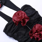 Flower applique hollow out ruched contrast tube mini dress