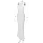 Halter solid sleeveless backless self tie maxi dress
