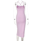 Cross back solid slit backless sleeveless midi dress