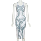 Line pattern contrast u neck body print sleeveless midi dress