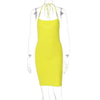 Metal chain self tie halter backless solid mini dress