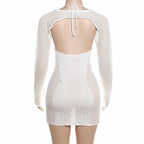 Fishnet hollow out solid long sleeve backless shrug mini dress