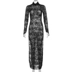 Lace long sleeve turtle neck see through slit gloves maxi dress