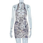 Snakeskin print hollow out self tie backless mini dress