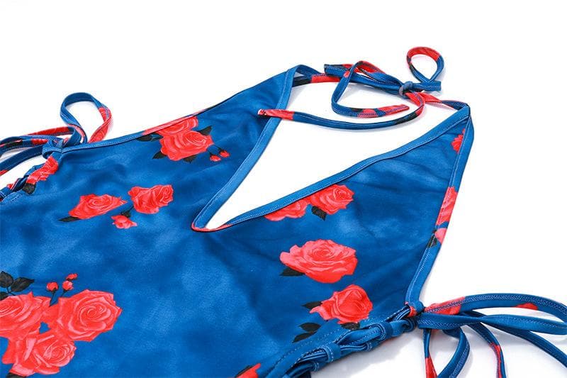 Flower print halter contrast lace up backless v neck midi dress