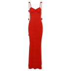 Flower applique backless solid v neck ribbon cami maxi dress