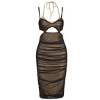 Hollow out halter ruched mesh midi dress
