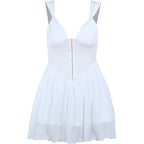 Button patchwork chiffon ruffle low cut mini dress - Final Sale