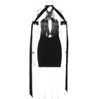 Flower applique contrast self tie halter backless hollow out mini dress