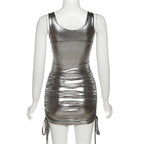 Mesh v neck drawstring buckle ruched metal mini dress