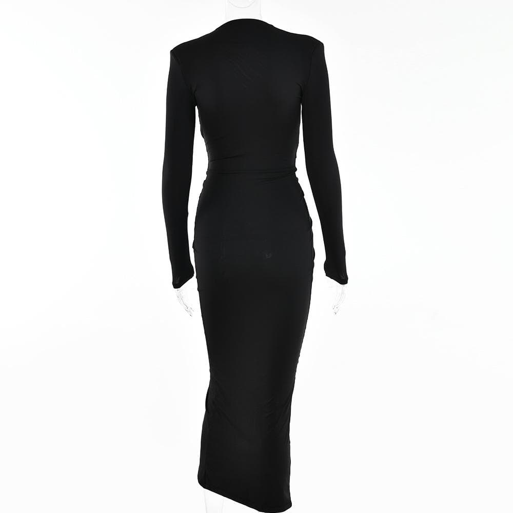 Long sleeve v neck solid ruched slit midi dress