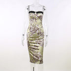 Flower print contrast backless lace hem zip-up midi dress
