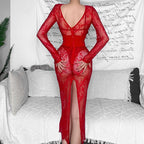 Lace see through solid long sleeve corset zip-up slit midi dress