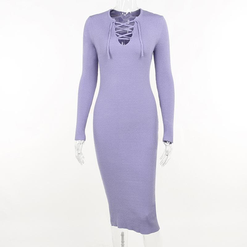 Lace up solid ribbed long sleeve notch neck mini dress