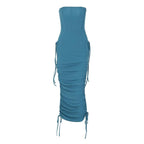 Ruched backless solid drawstring tube midi dress
