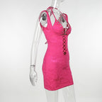 Halter o ring lace up lace backless hollow out solid mini dress